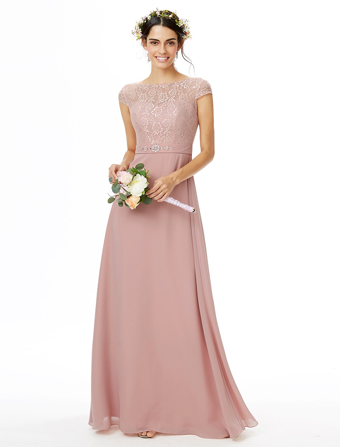 Wholesale Sheath / Column Bridesmaid Dress Bateau Neck Short Sleeve Elegant Floor Length Chiffon / Lace with Lace / Sash / Ribbon / Bow(s)